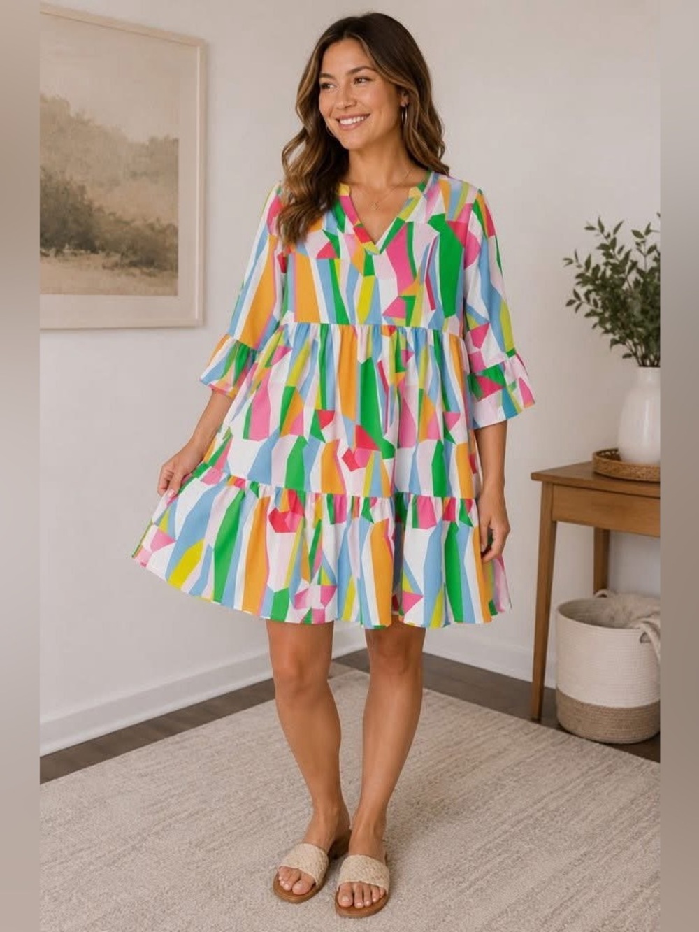#9: NWT Geometric Print Tiered Mini Dress – Bell Sleeves